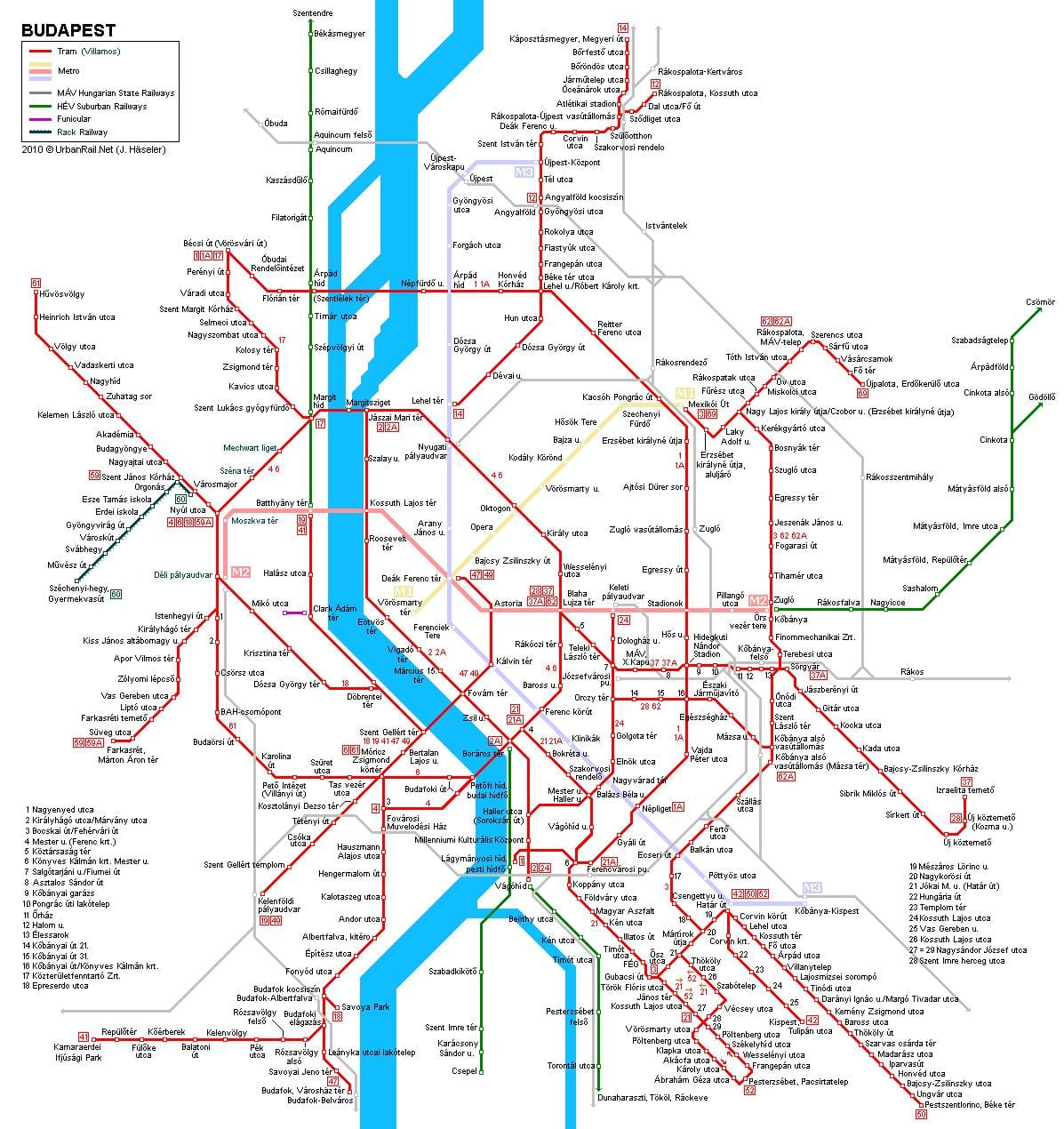 linhas de eléctrico mapa de budapeste